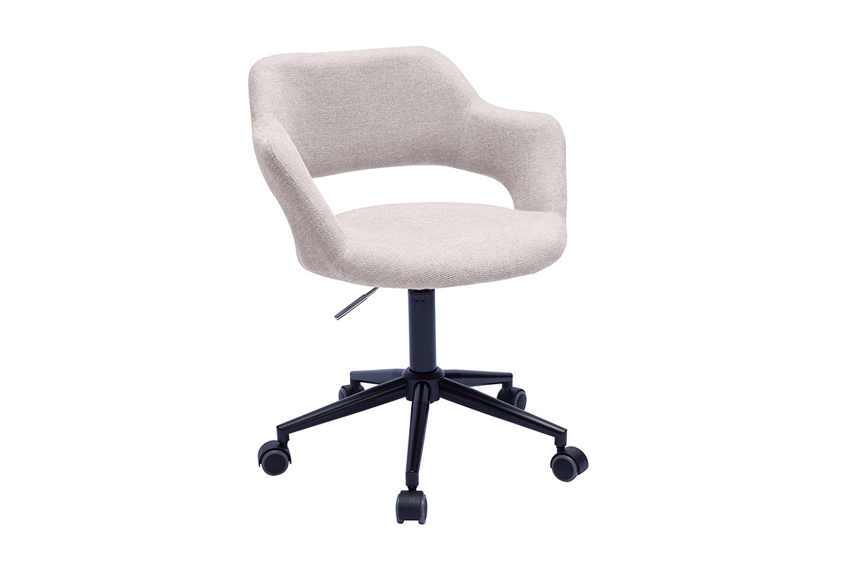 Brostuhl mit Rollen aus Design-Stoff in beigem samtigem Textureffekt und schwarzem Metall JESSY