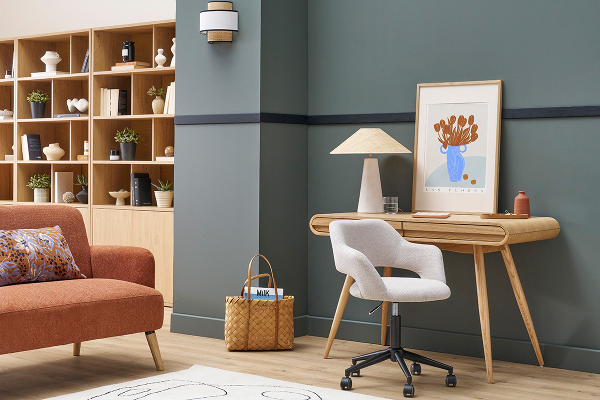 Brostuhl mit Rollen aus Design-Stoff in beigem samtigem Textureffekt und schwarzem Metall JESSY