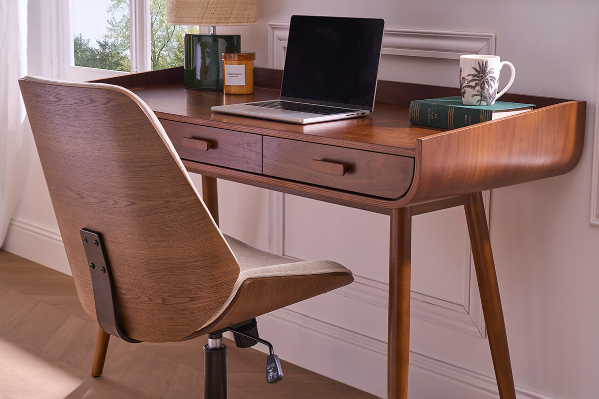 Brostuhl mit Rollen aus Holz und strukturiertem Samteffekt in Beige DOUGLAS