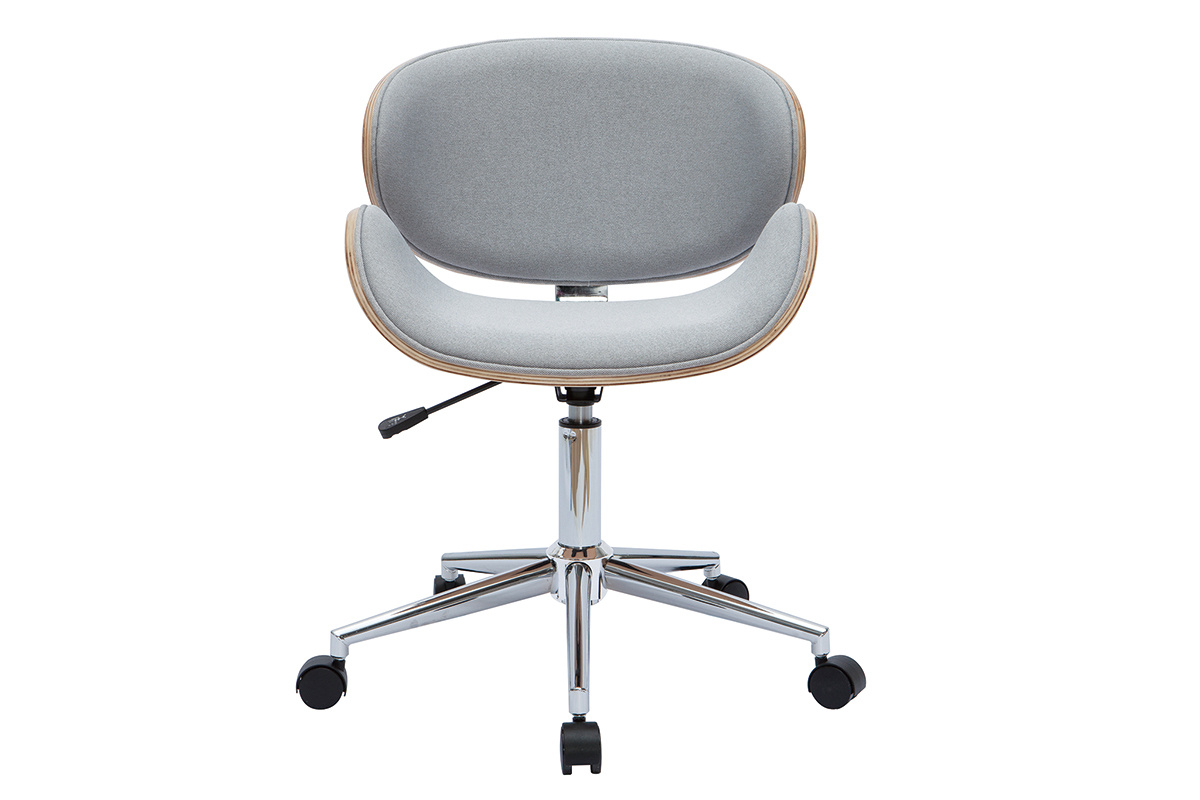 B�rostuhl mit Rollen im Design aus hellgrauem Stoff, hellem Holz und verchromtem Stahl WALNUT