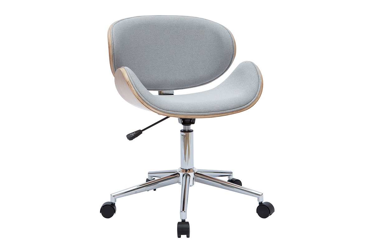 B�rostuhl mit Rollen im Design aus hellgrauem Stoff, hellem Holz und verchromtem Stahl WALNUT