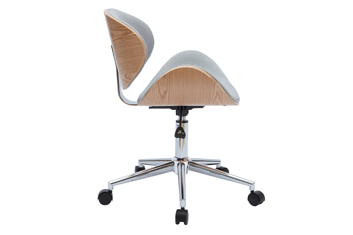 B�rostuhl mit Rollen im Design aus hellgrauem Stoff, hellem Holz und verchromtem Stahl WALNUT