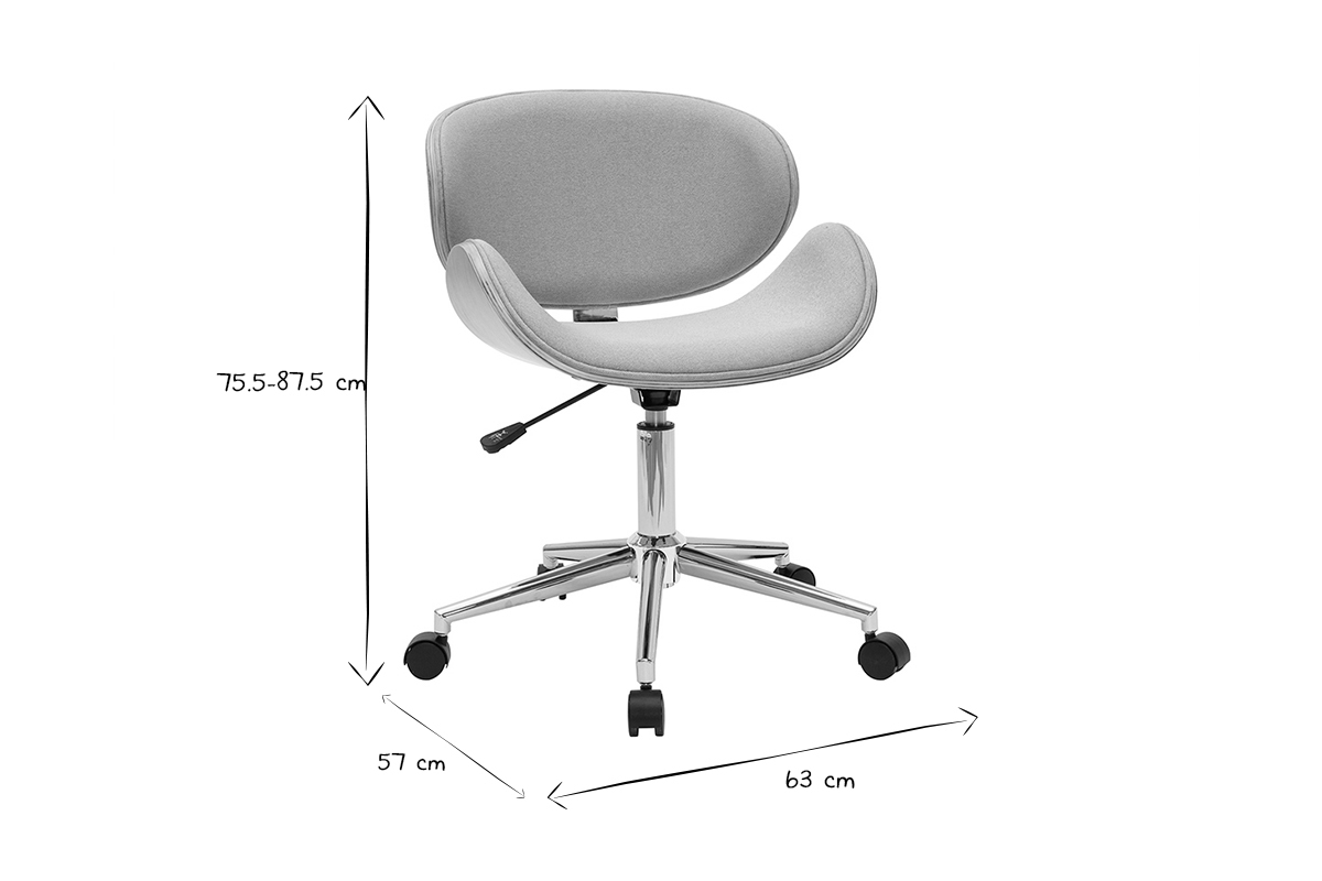 B�rostuhl mit Rollen im Design aus hellgrauem Stoff, hellem Holz und verchromtem Stahl WALNUT