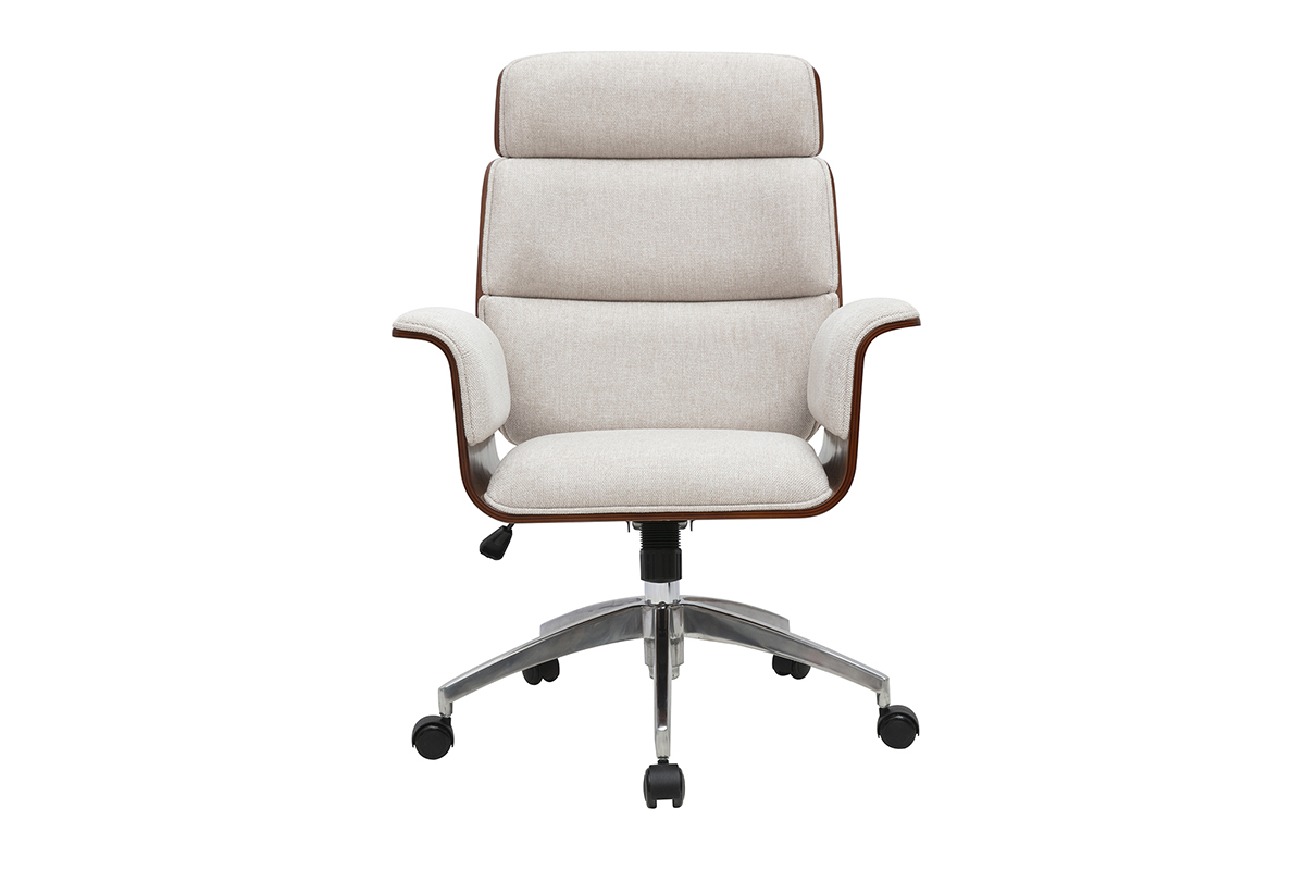 B�rostuhl in beige Samt mit Rollen und gebogenen Armlehnen, Frontansicht.