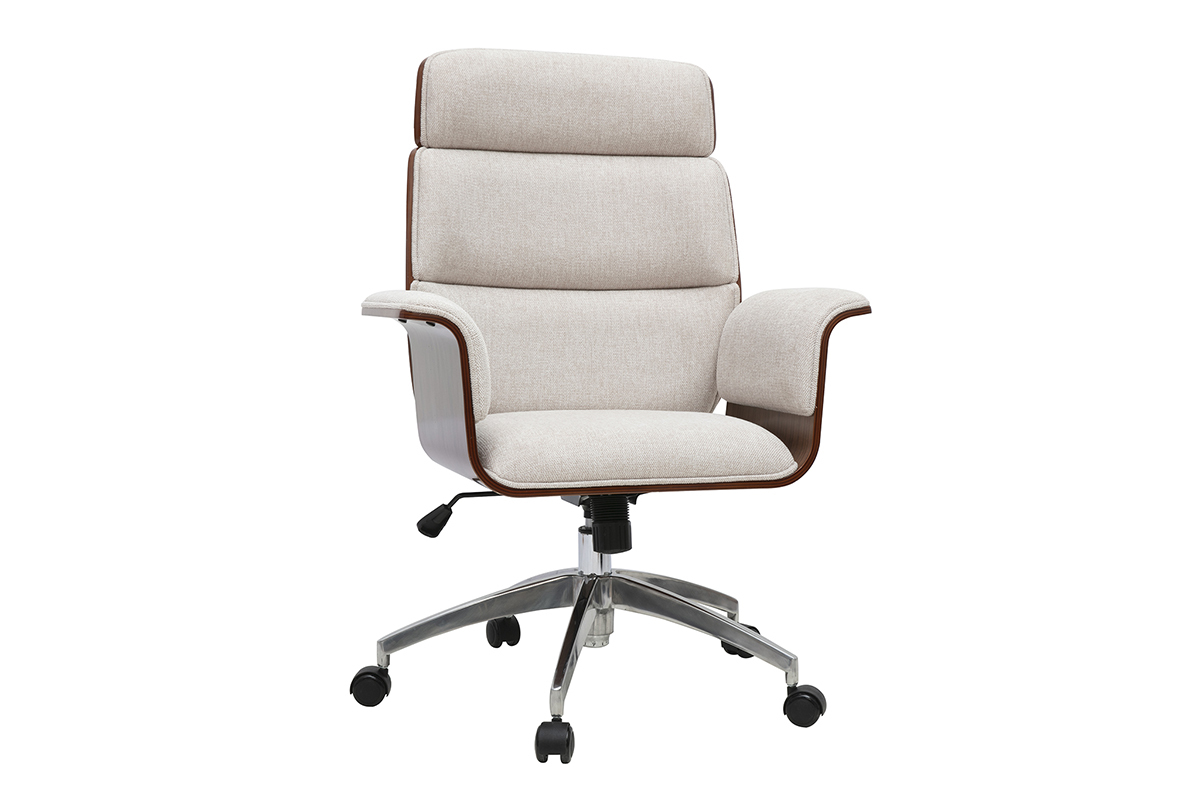 B�rostuhl auf Rollen aus beigem Stoff, dunkles Holz, Ansicht von 3/4.