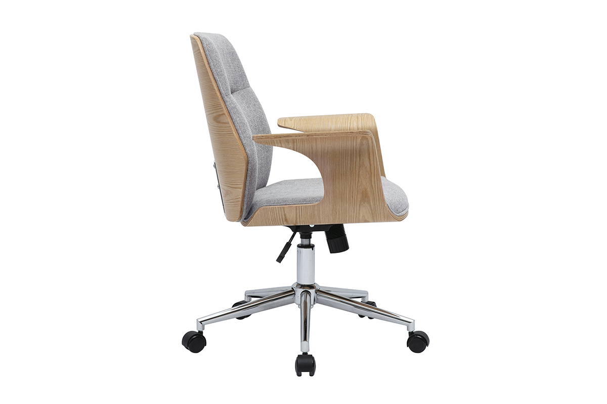 Grauer B�rostuhl, Armlehnen aus Holz, Seitenansicht, Basis aus verchromtem Stahl.