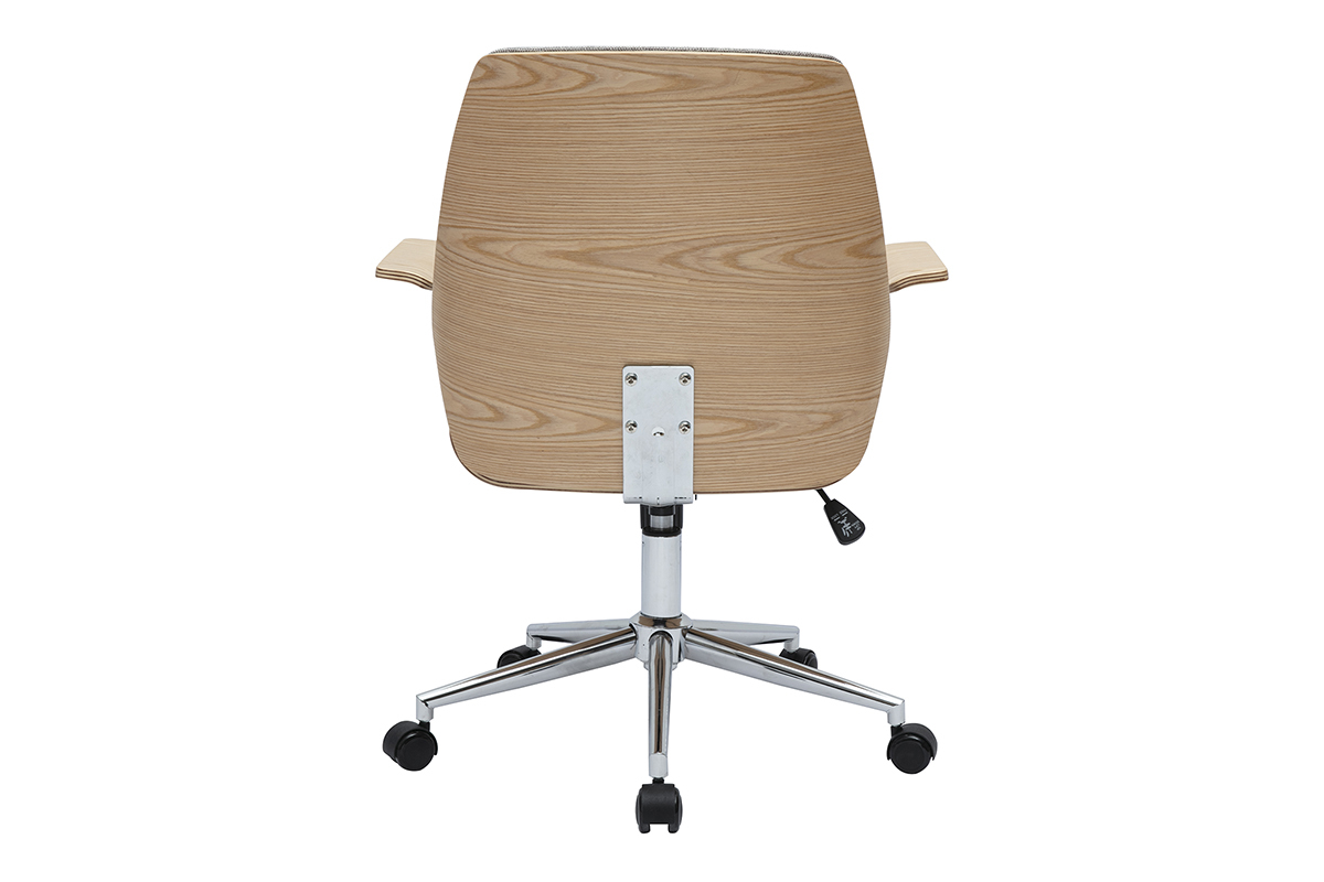 RUFIN B�rostuhl von hinten gesehen, helles Holz, Chromfu� und Rollen.