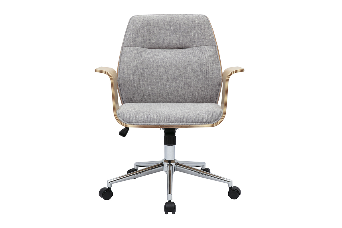 B�rostuhl in grauem Samtstoff, helles Holz, verchromter Stahl, Frontansicht.