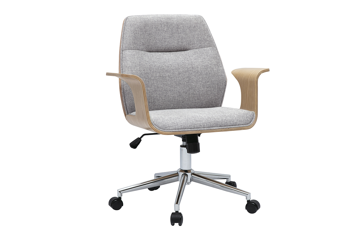 B�rostuhl Design grau in Samtoptik Stoff, helles Holz, verchromter Stahl, Ansicht von 3/4.