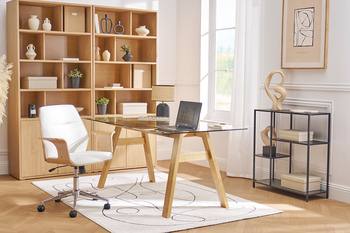 B�rostuhl mit Rollen in grauem Samteffekt-Design, hellem Holz und verchromtem Stahl RUFIN