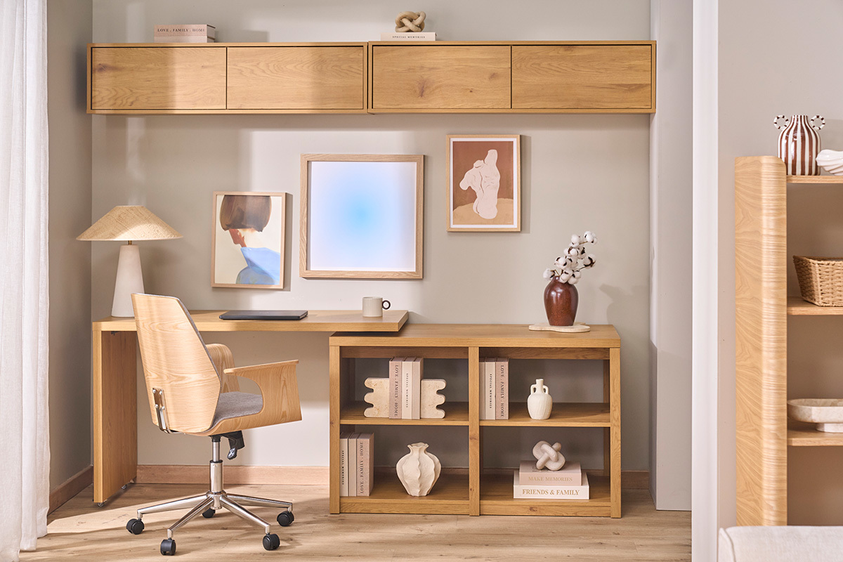B�rostuhl mit Rollen in grauem Samteffekt-Design, hellem Holz und verchromtem Stahl RUFIN