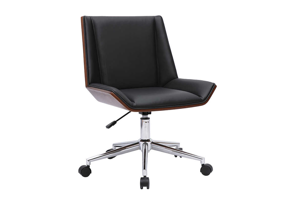 Schwarzer B�rostuhl mit Rollen, 3/4 Ansicht, dunkles Holz, verchromter Stahl.