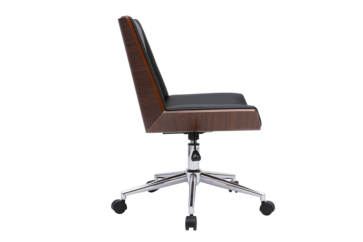 Schwarzer B�rostuhl MELKIOR, Seitenansicht, dunkles Holz und verchromter Stahl.