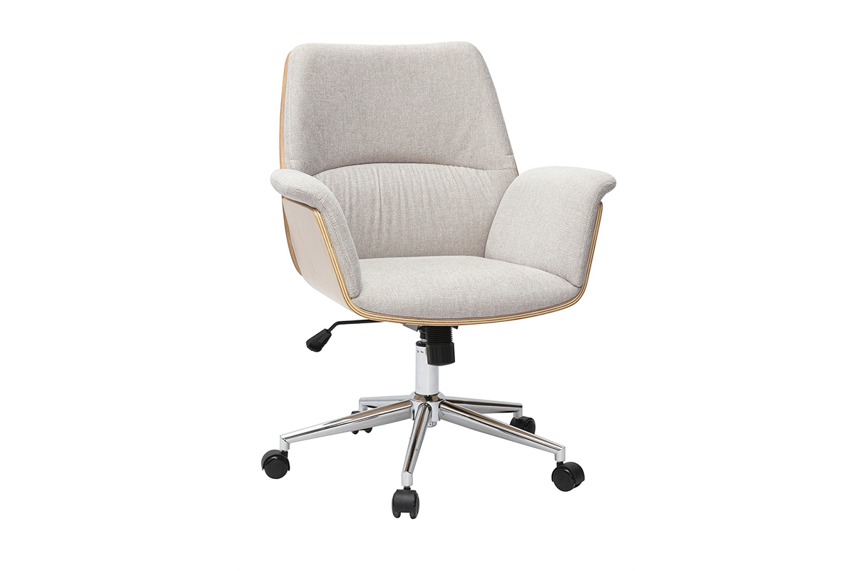 B�rostuhl in beige Samtoptik, helles Holz, verchromtes Metall, Ansicht von 3/4.