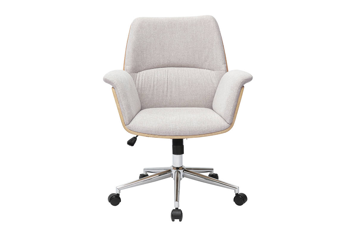 B�rostuhl aus beigem Samt, helles Holz, Frontansicht, verchromtes Metallgestell mit Rollen.