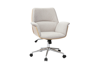 B&uuml;rostuhl mit Rollen in strukturiertem Samteffekt-Stoff beige, helles Holz und verchromtes Metall HELIOS