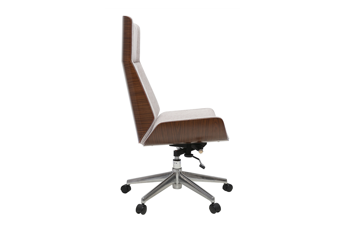 Design-B�rostuhl CURVED, dunkles Holz und beige Stoff, Seitenansicht mit Sternbasis.