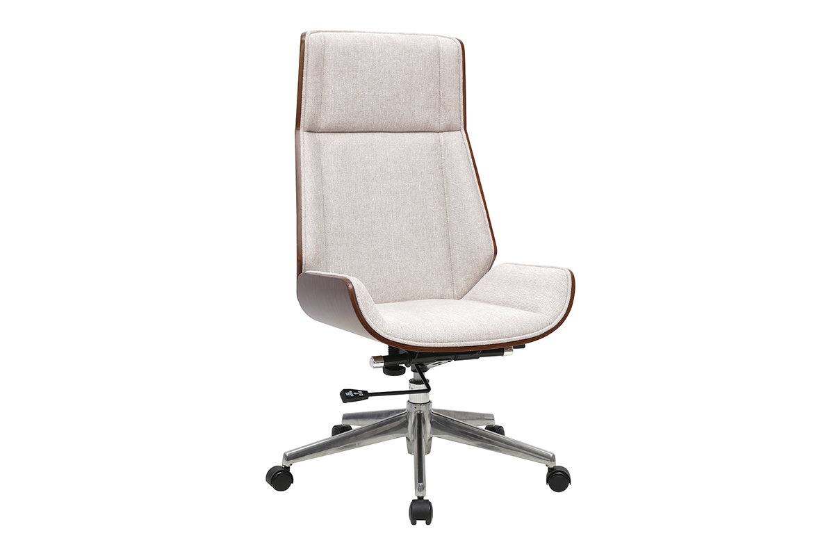 Design-B�rostuhl aus beigem Stoff und dunklem Holz, Ansicht von 3/4.