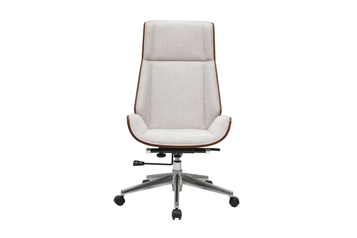 Bequemer B�rostuhl in beige mit Samtstoff und dunklem Holzgestell, von vorne.