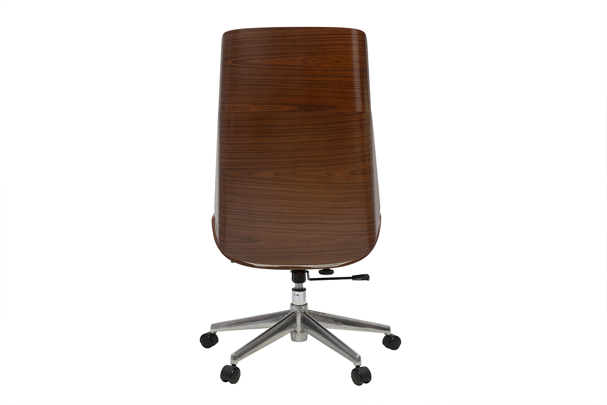 B�rostuhl CURVED, R�cken in dunklem Holz, Stahlbasis mit Rollen, R�ckansicht.