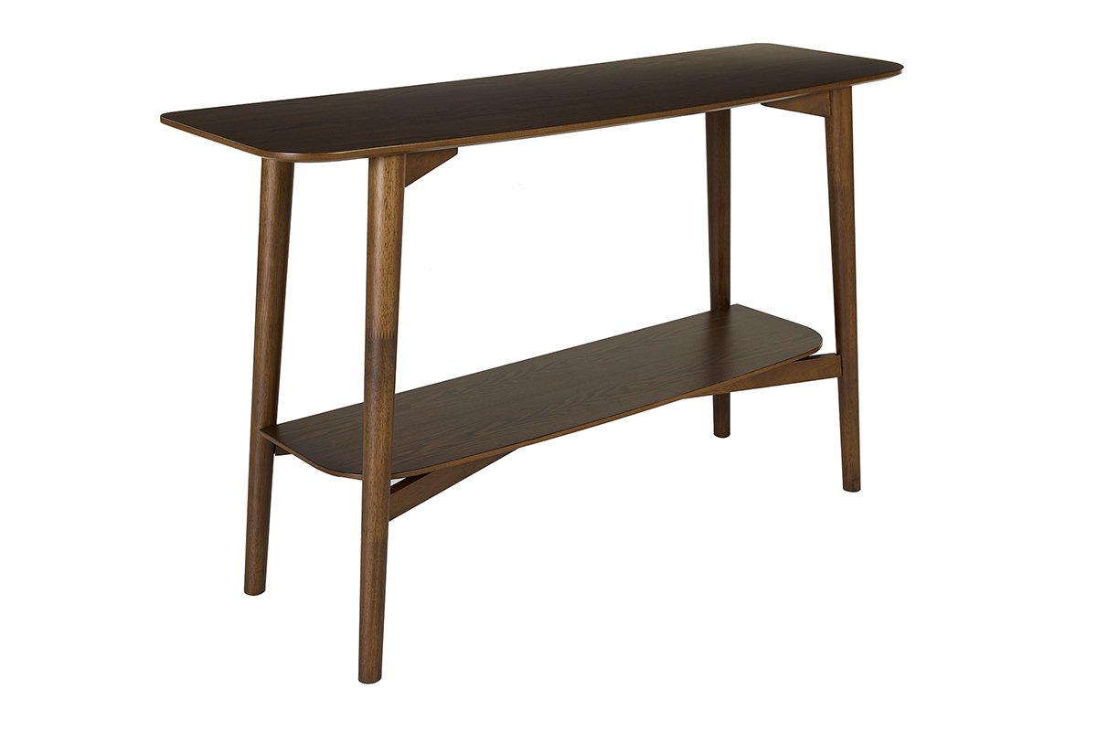 Dunkle Holzkonsole mit zwei Ebenen, Ansicht aus 3/4.