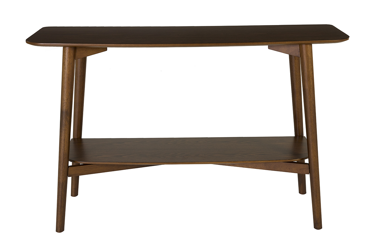 Dunkelbraune Holzkonsole mit zwei Ablagen, Ansicht von vorn.