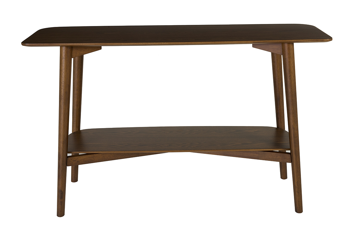 Dunkelbraune Holzkonsole CENDY mit doppelter Ablage, Ansicht von hinten.