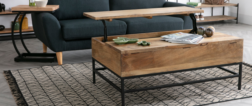 Couchtisch aufklappbar IndustrieStil Mangoholz und Metall 110 cm