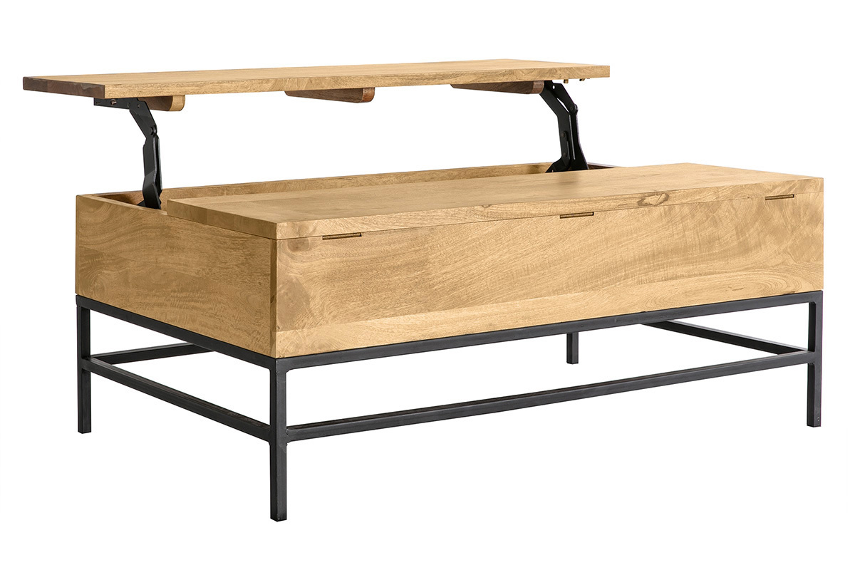 Couchtisch aufklappbar Industrie-Stil Mangoholz und Metall L110 cm YPSTER