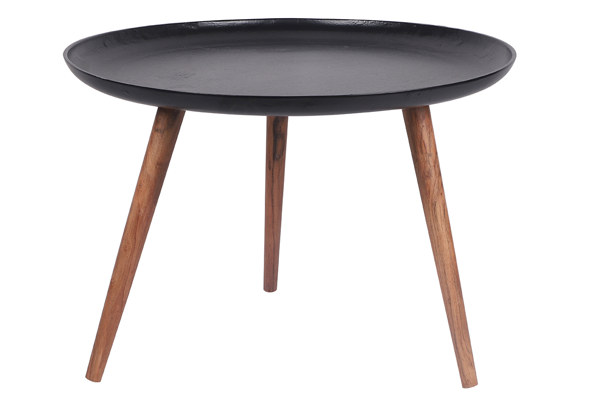 Couchtisch aus schwarzem Aluminium und Mangholz D75 cm LUMI