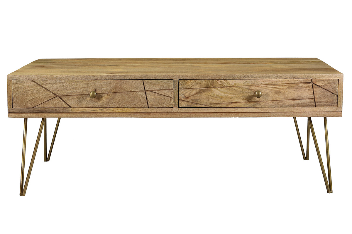 Couchtisch graviert aus Mangoholz und vergoldetem Metall LINIUM