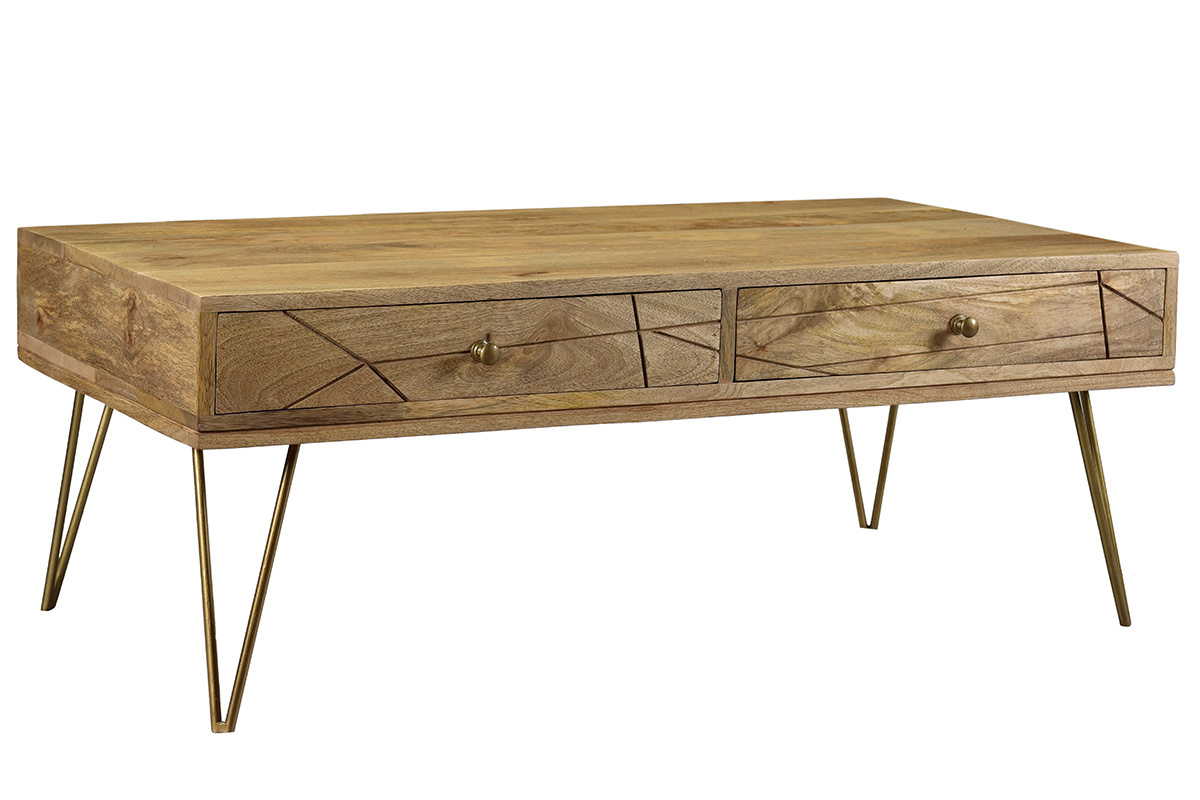 Couchtisch graviert aus Mangoholz und vergoldetem Metall LINIUM