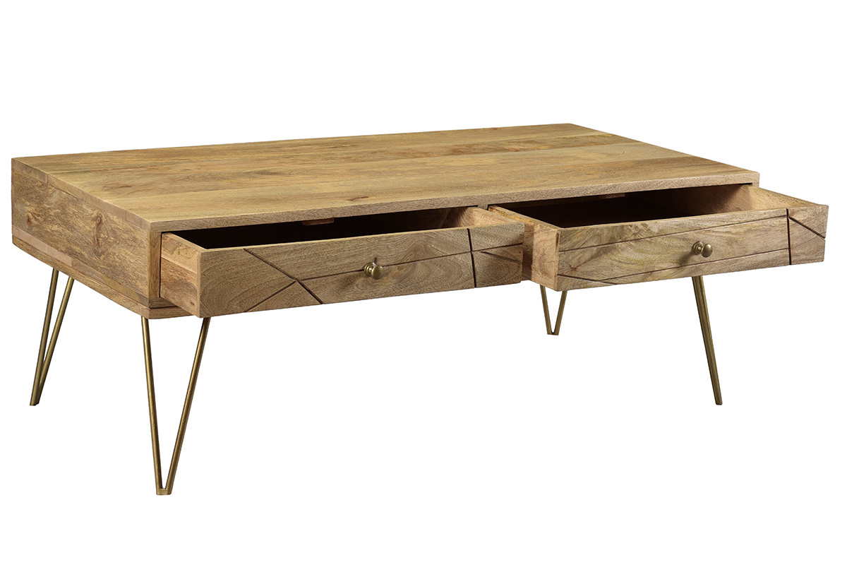 Couchtisch graviert aus Mangoholz und vergoldetem Metall LINIUM