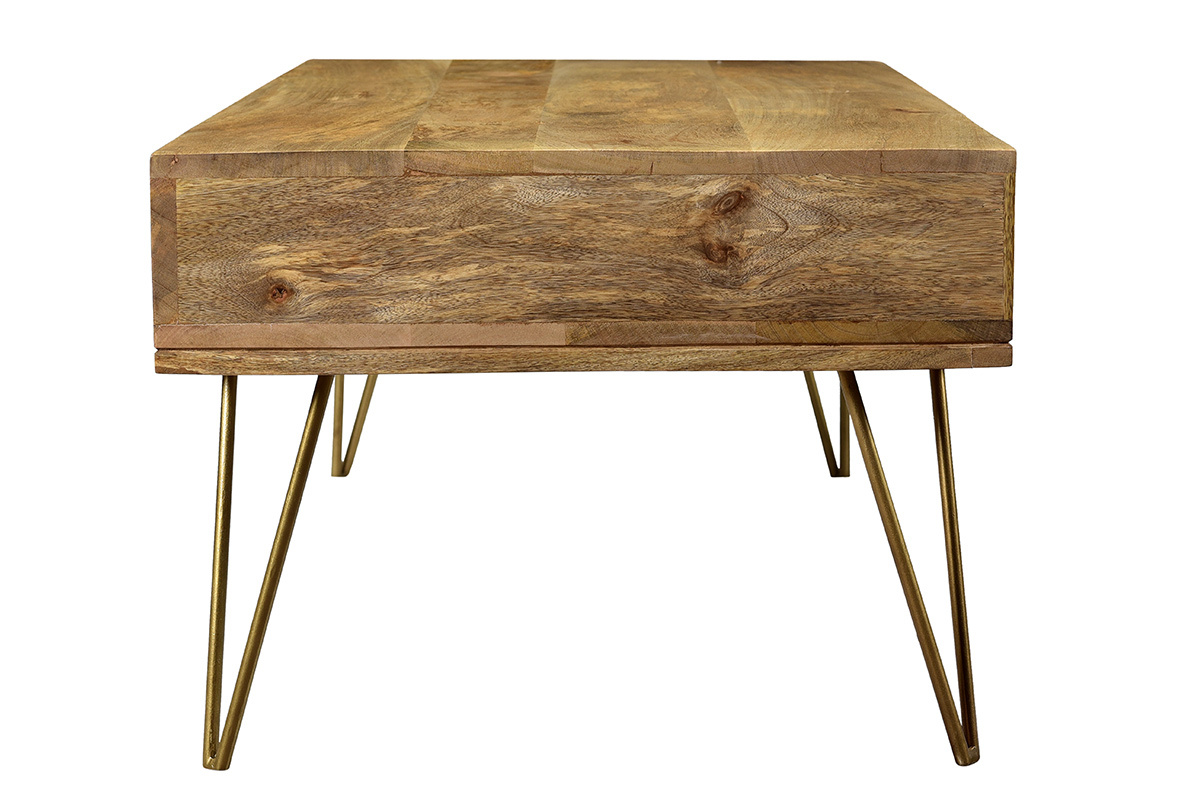 Couchtisch graviert aus Mangoholz und vergoldetem Metall LINIUM