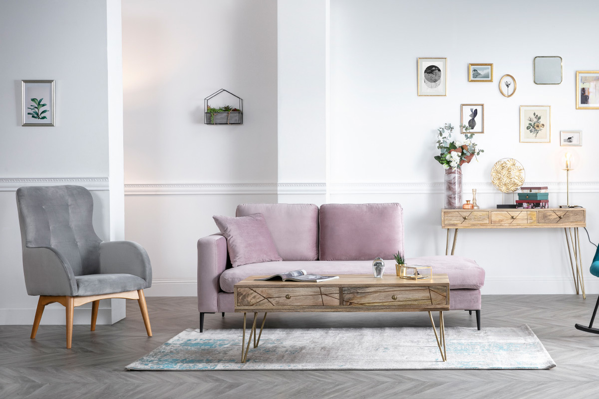 Couchtisch graviert aus Mangoholz und vergoldetem Metall LINIUM