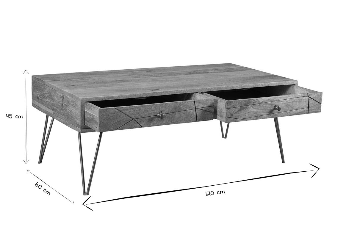 Couchtisch graviert aus Mangoholz und vergoldetem Metall LINIUM