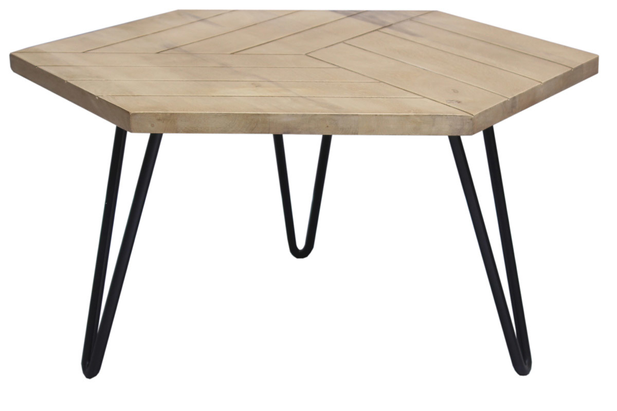 Couchtisch hexagonal strukturiert aus Mangoholz und schwarzem Metall VIBES