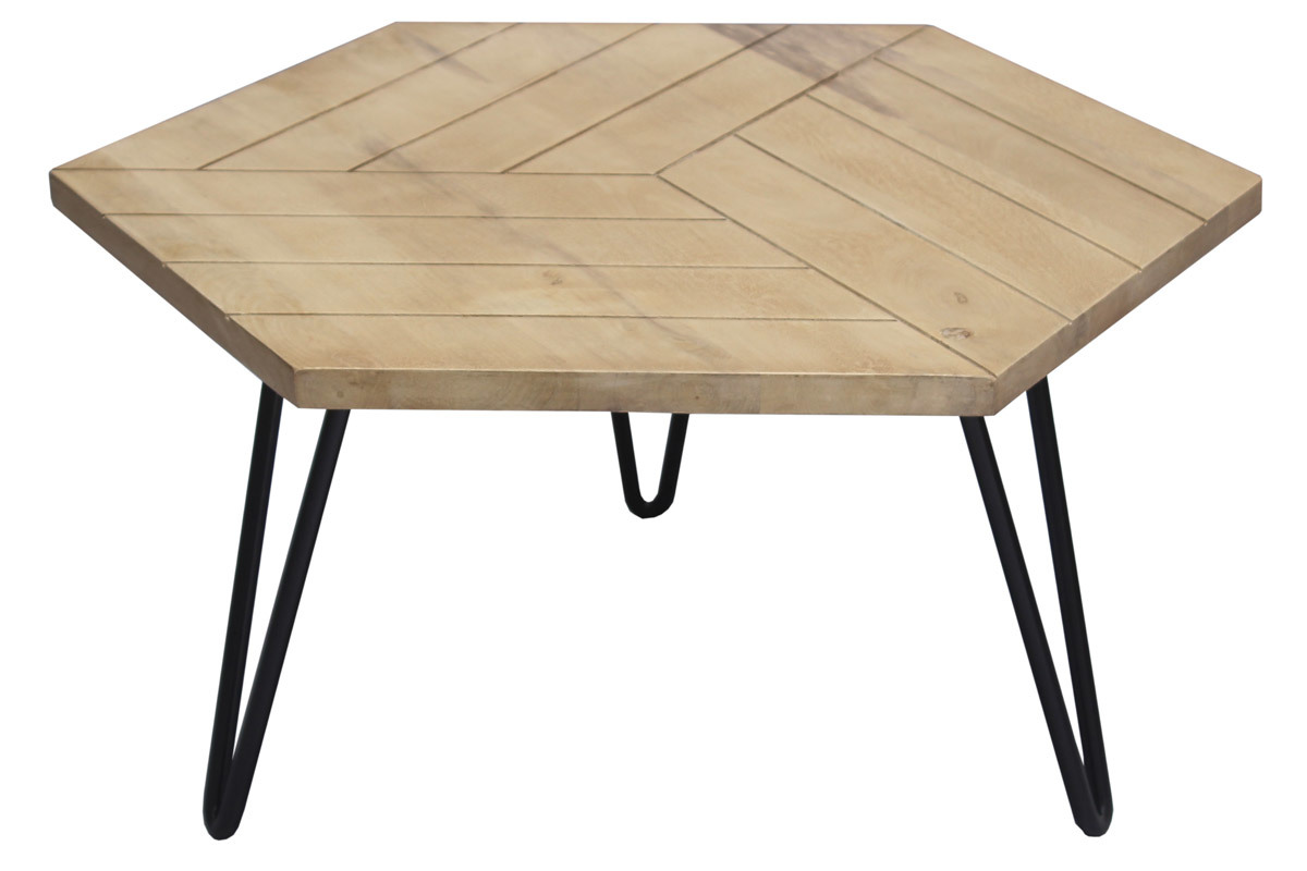 Couchtisch hexagonal strukturiert aus Mangoholz und schwarzem Metall VIBES