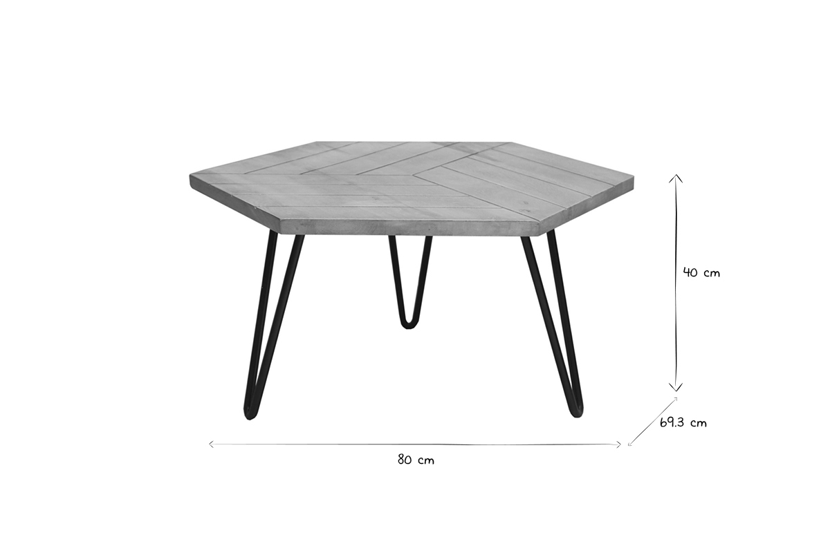 Couchtisch hexagonal strukturiert aus Mangoholz und schwarzem Metall VIBES