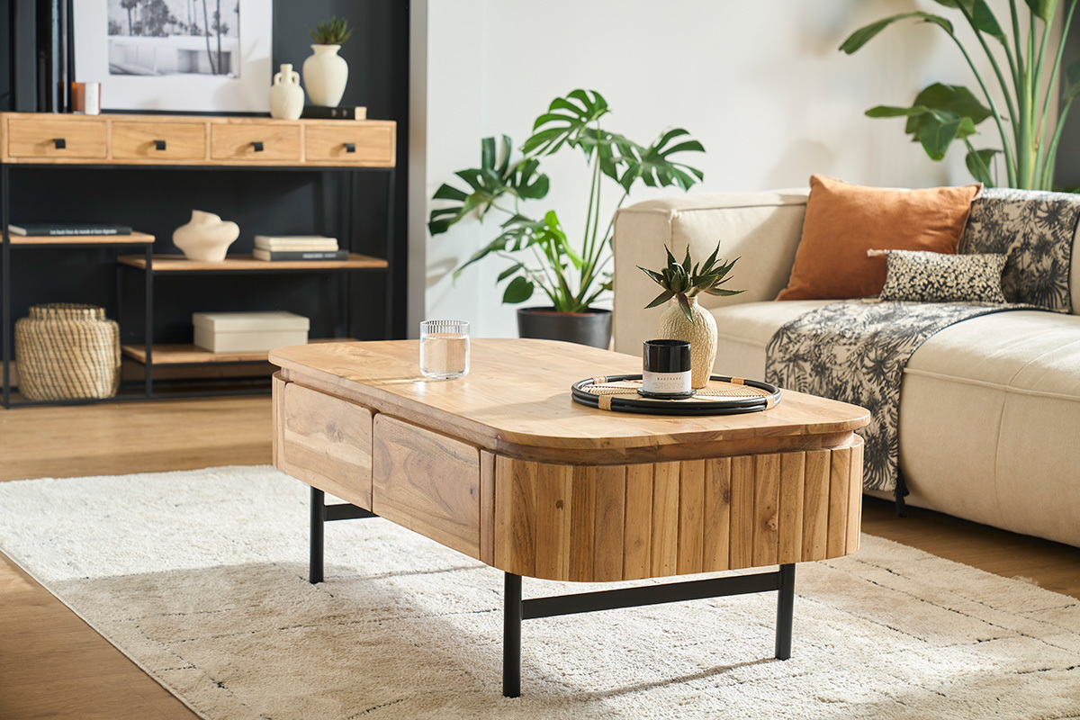Couchtisch mit Ablagefchern aus Massivholz und schwarzem Metall 4 Schubladen B115 cm NAPOLI