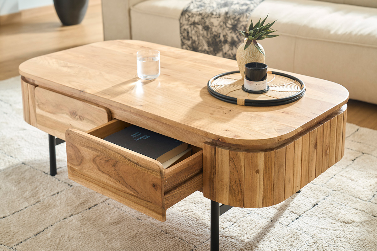 Couchtisch mit Ablagefchern aus Massivholz und schwarzem Metall 4 Schubladen B115 cm NAPOLI