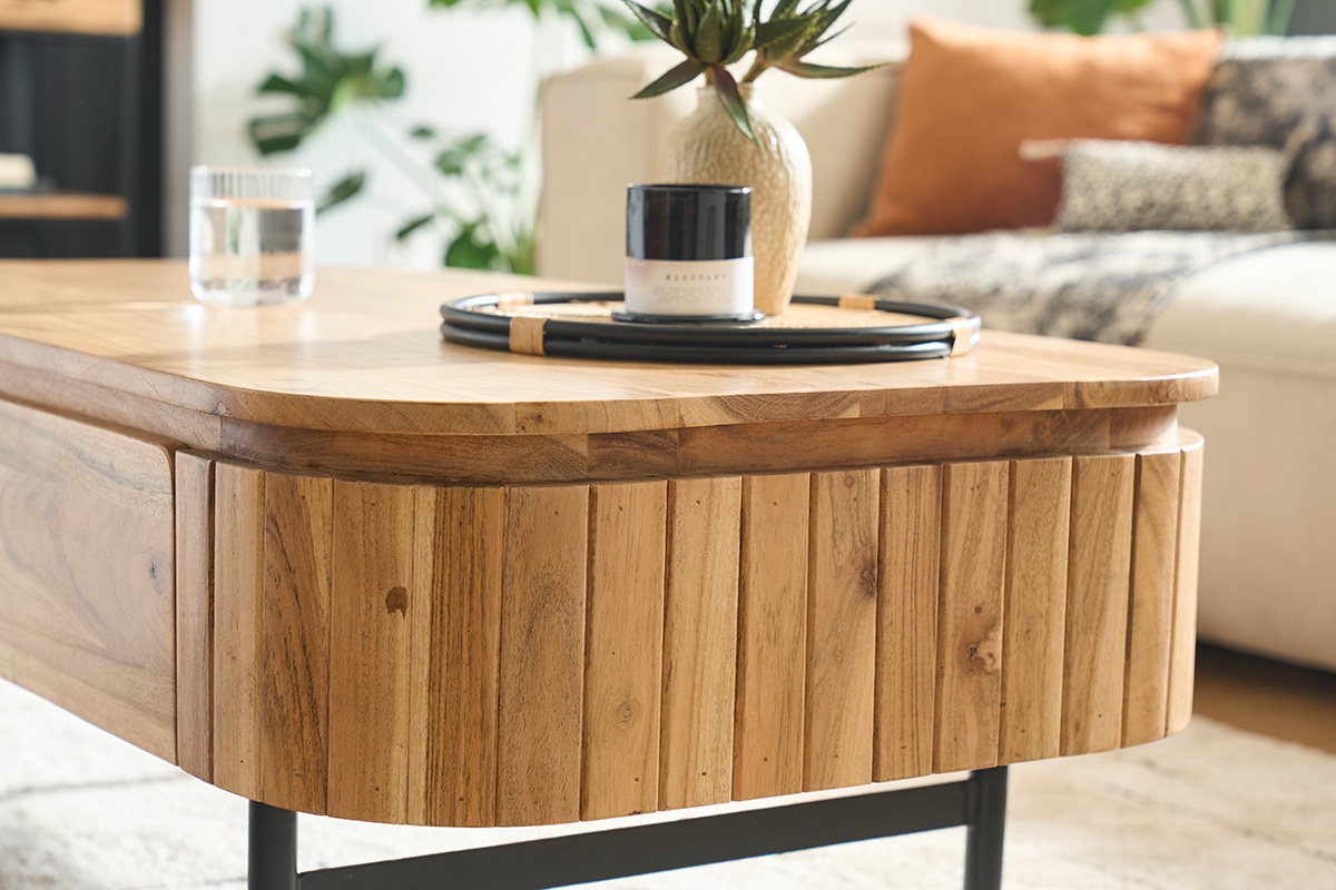 Couchtisch mit Ablagefchern aus Massivholz und schwarzem Metall 4 Schubladen B115 cm NAPOLI