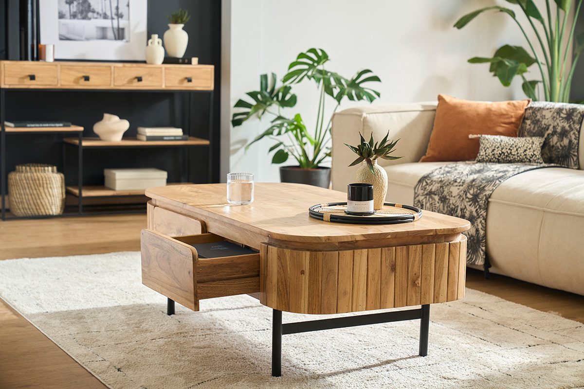 Couchtisch mit Ablagefchern aus Massivholz und schwarzem Metall 4 Schubladen B115 cm NAPOLI