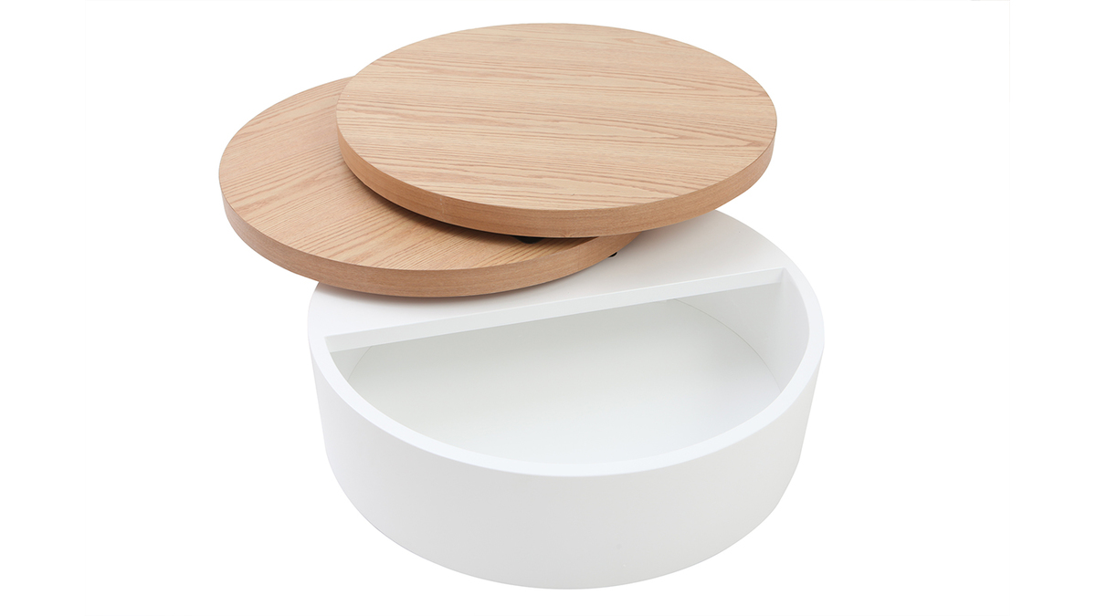 Couchtisch mit drehbaren Tischplatten und Staufläche Weiß und Holz ICON