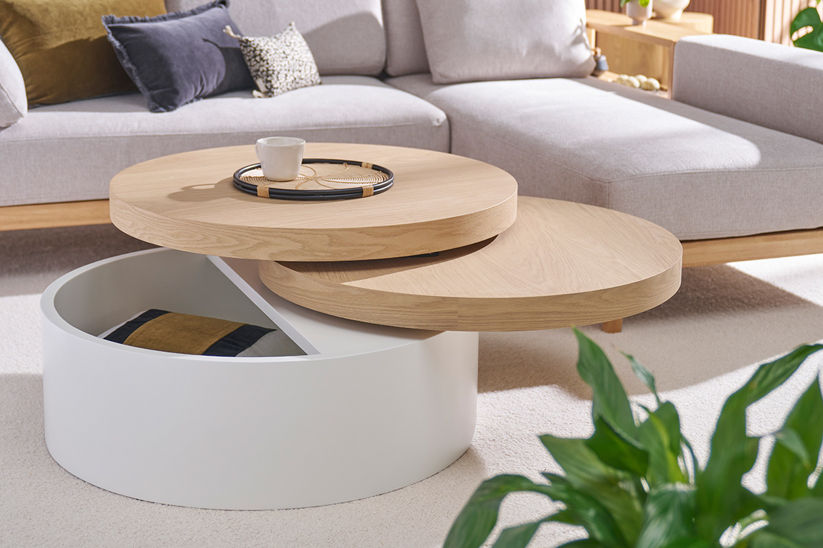 Couchtisch mit drehbaren Tischplatten und Stauflche Wei und Holz ICON