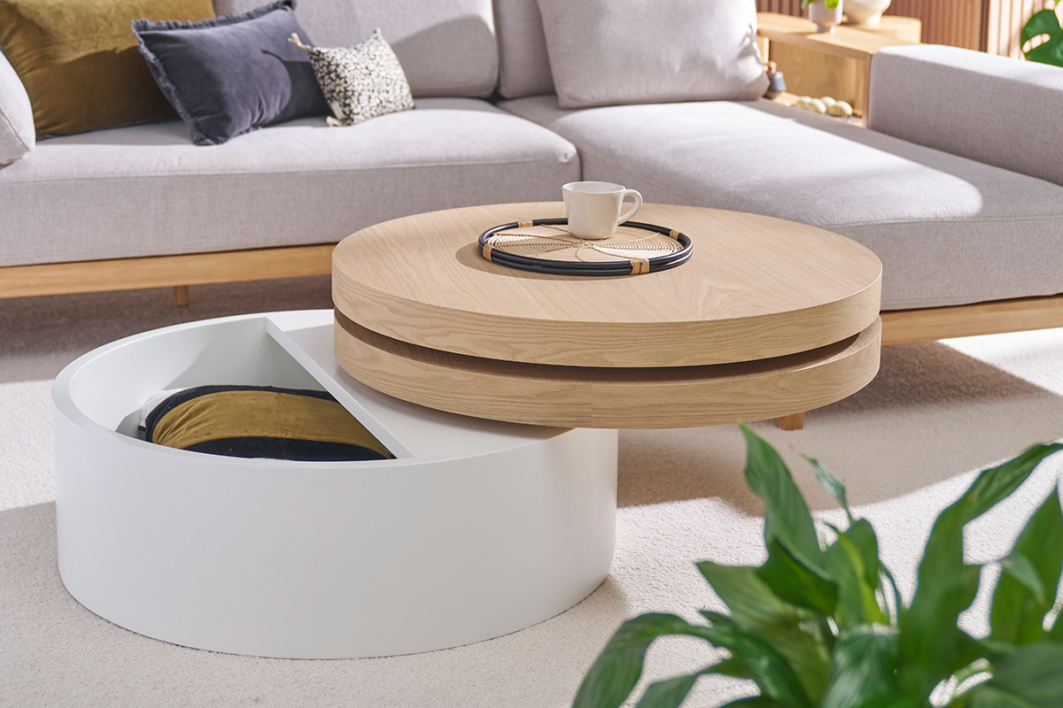Couchtisch mit drehbaren Tischplatten und Stauflche Wei und Holz ICON