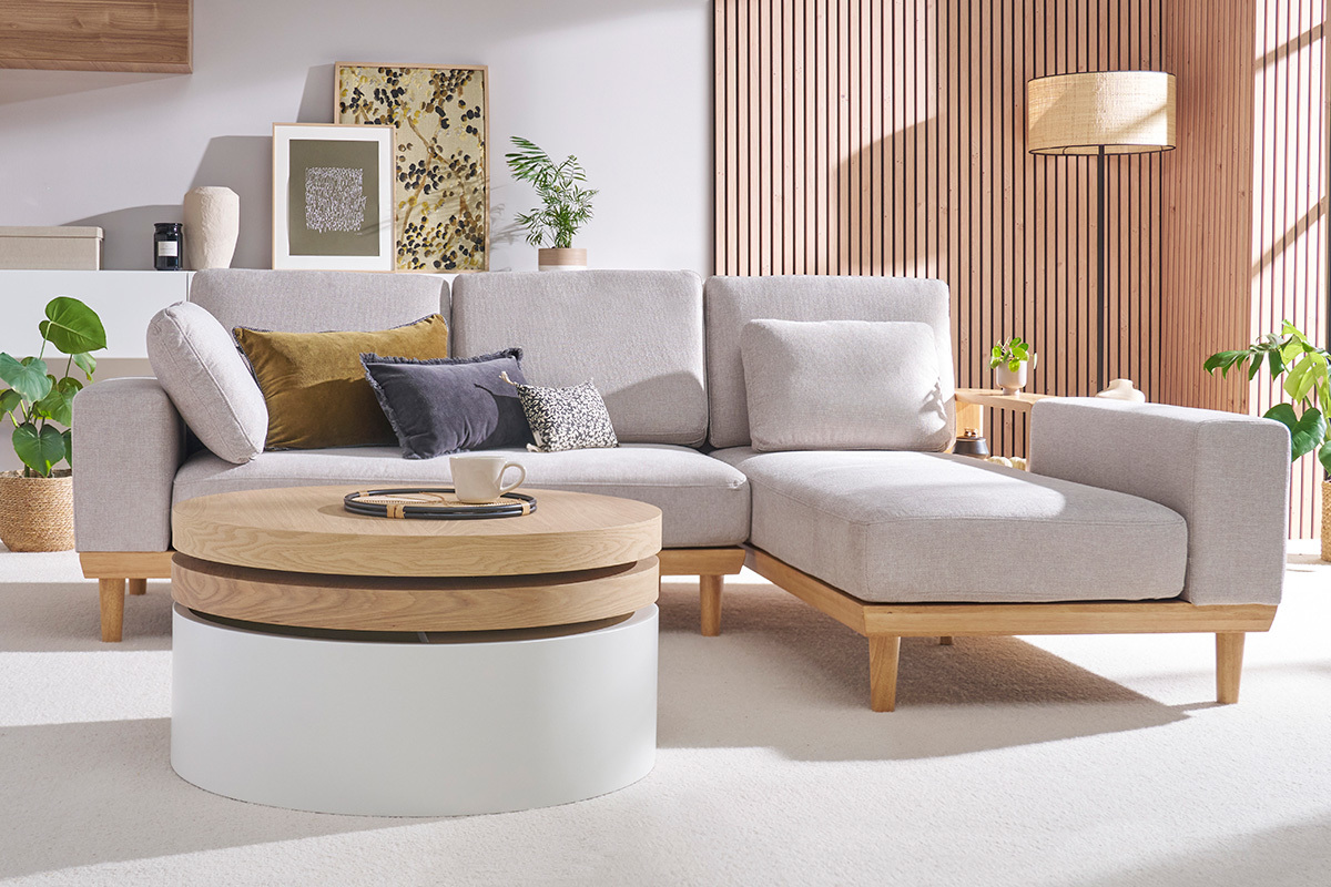 Couchtisch mit drehbaren Tischplatten und Stauflche Wei und Holz ICON