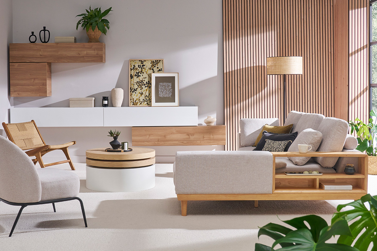 Couchtisch mit drehbaren Tischplatten und Stauflche Wei und Holz ICON