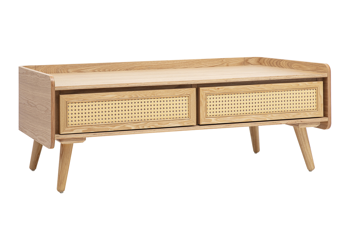 Rechteckiger Couchtisch aus hellem Eschenholz mit zwei Schubladen aus Rattan-Geflecht, 3/4-Ansicht.