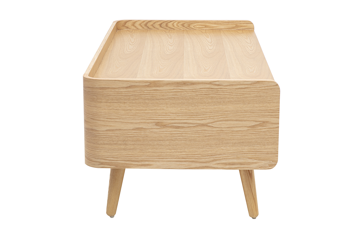 Rechteckiger Couchtisch aus hellem Eschenholz mit Stauraum und Rattan-Geflecht, R�ckansicht.
